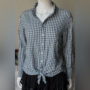 Club Monaco Blouse Oversize Cotton High Low Wrap Ties Blue & White Plaid Size XS